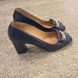 Boscolo Navy Blue Fringe Chain Chunk Heel Pump